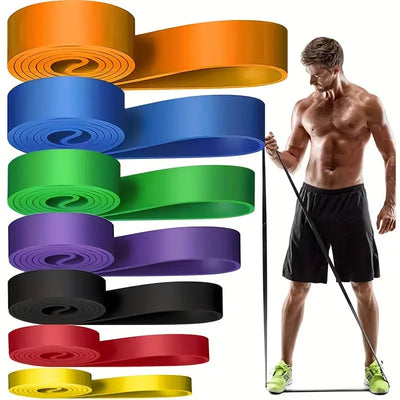 PowerStretch resistance bands kit with multicolor flat loop bands and man demonstrating full body resistance workout