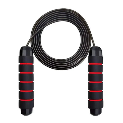 Jlynx tangle-free jump rope with coiled black cable and black foam handles with red rings