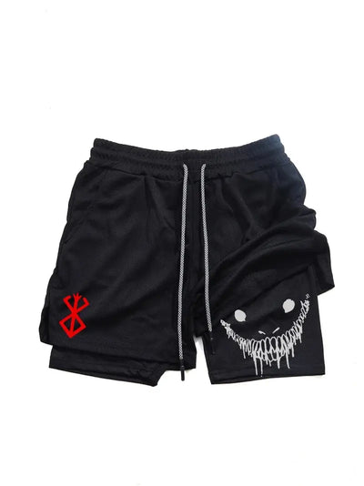 Jlynx men's workout shorts black layered mesh design with drawstring waist, inner graphic compression shorts and red logo