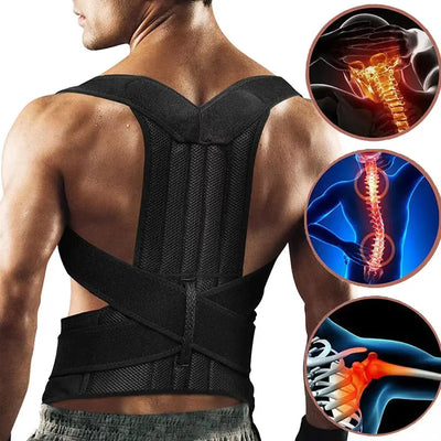 Jlynx black adjustable back support brace for posture correction with lumbar belt and crossed shoulder straps