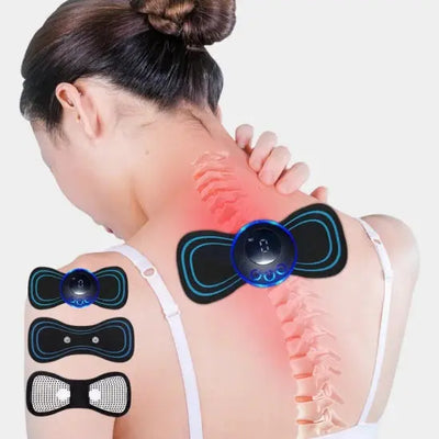 Jlynx portable neck massager for pain relief applied to womans upper back showing butterfly EMS pads over red pain area