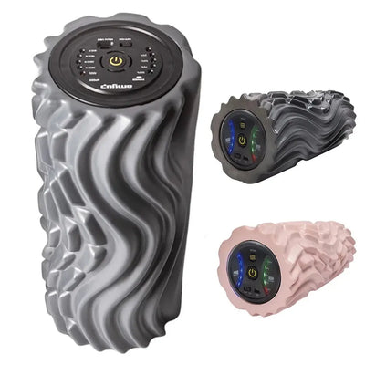 Jlynx rechargeable foam roller trio in gray and pink with textured surface and LED control panel
